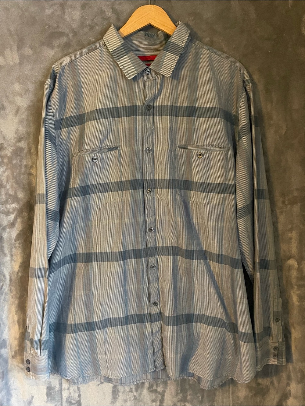 Alfani Men's Blue and Gray Plaid Long-Sleeve Button-Down Shirt